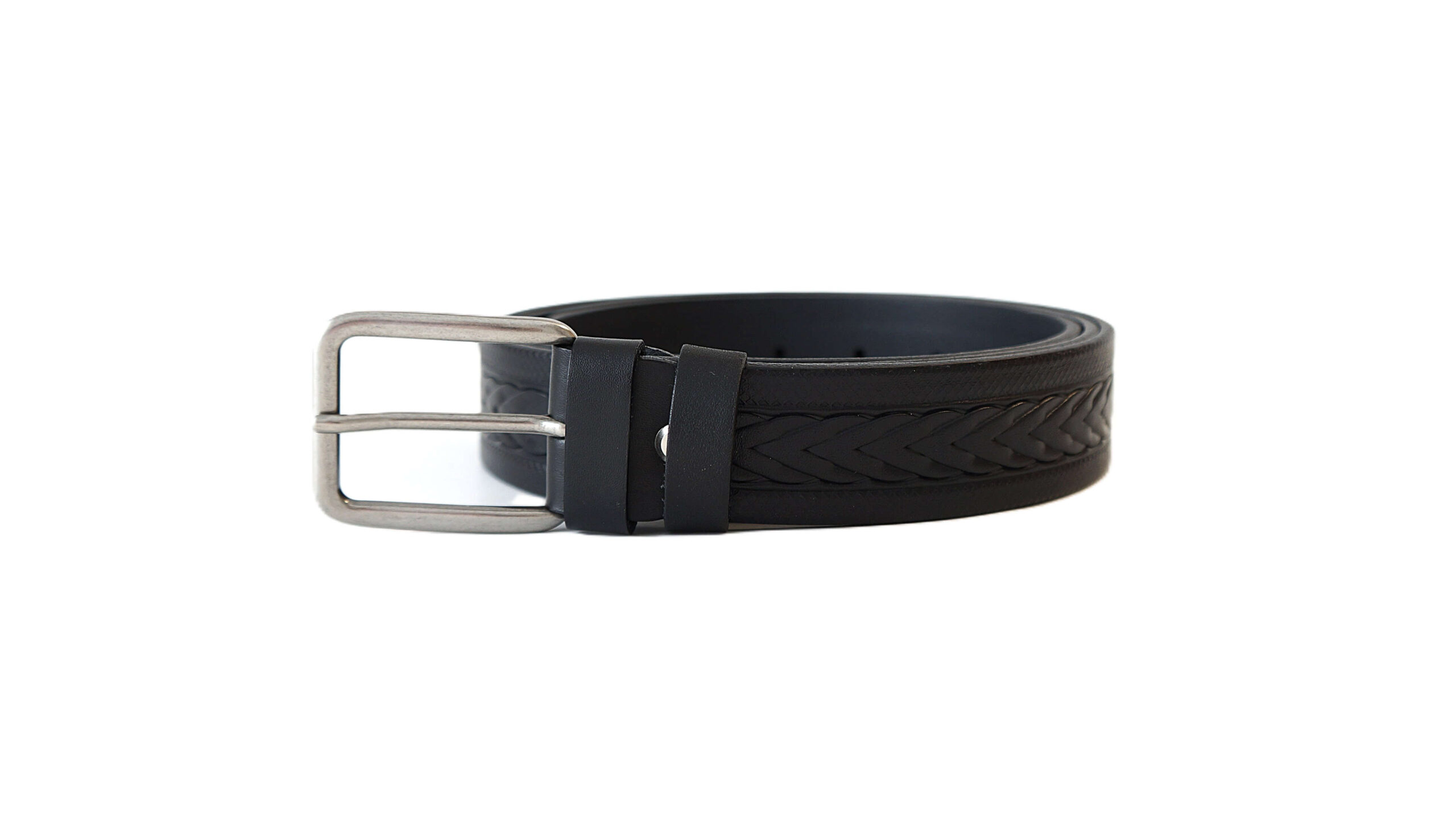 Juodas odinis vyriškas diržas 3,5 cm su raštu