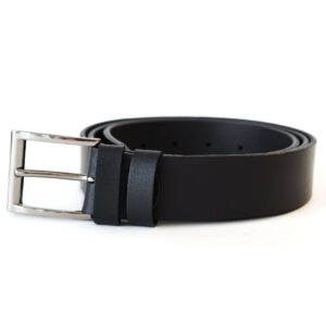 Juodas odinis moteriškas diržas 3,5 cm su sidabrine sagtimi