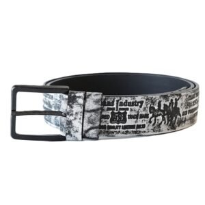 Išskirtinis juodai-baltas odinis vyriškas diržas JEANS su raštu ir juoda sagtimi 4cm