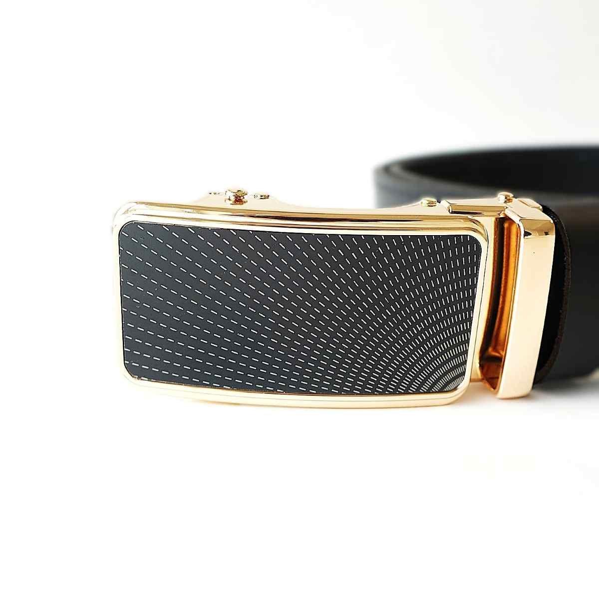Prabangus juodas vyriškas odinis diržas su aukso ir juodos spalvos automatine sagtimi - Vilnius Fashion Belts - sagtis