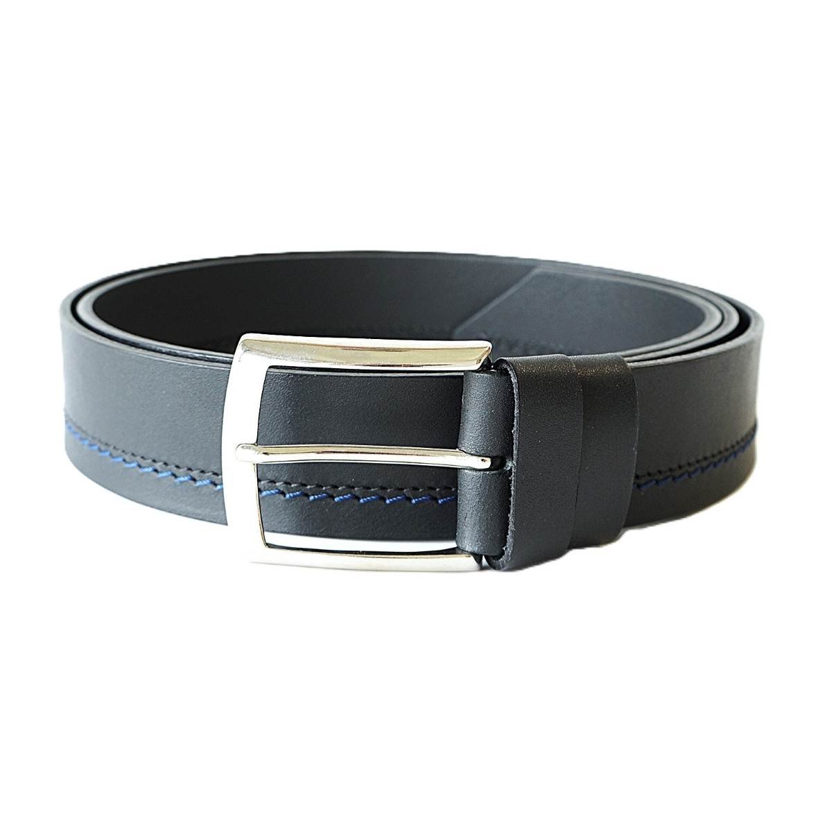 Juodas odinis vyriškas diržas su mėlyna dekoratyvine siūle - Vilnius Fashion Belts