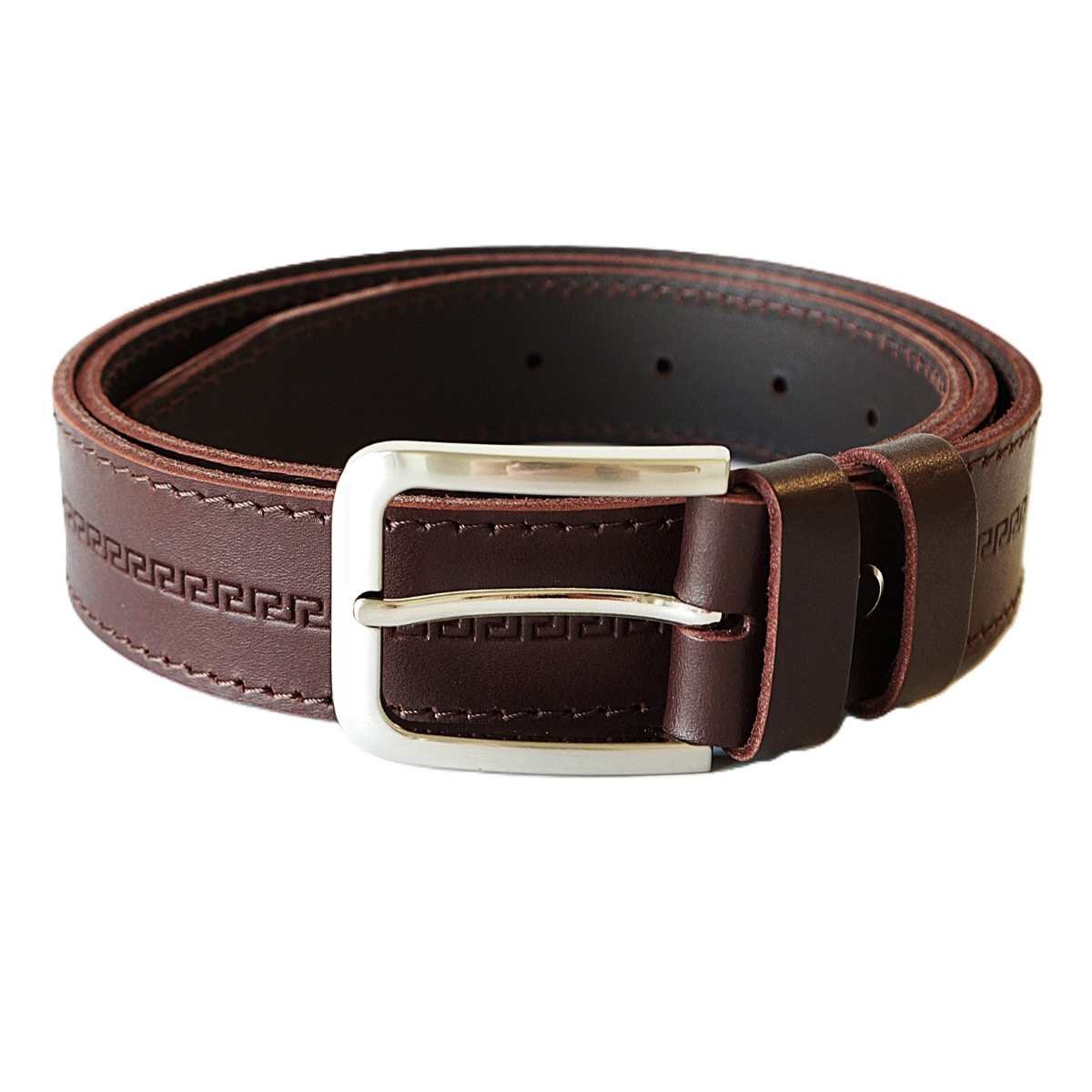 Tamsiai rudas odinis vyriškas diržas su raštu 3,5 cm - Vilnius Fashion Belts