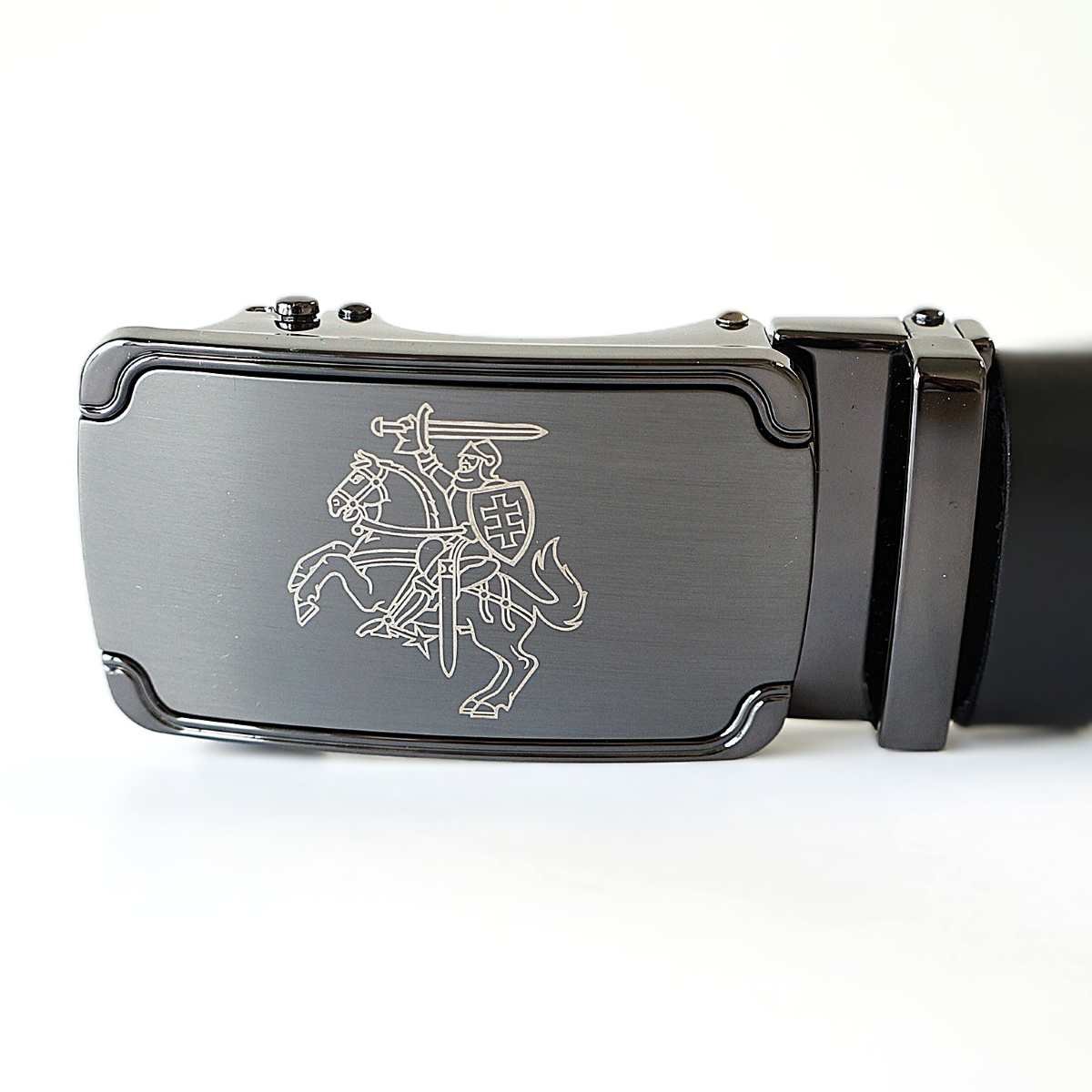 Prabangus juodas odinis vyriškas diržas su automatine sagtimi su Vyčio atvaizdu - Vilnius Fashion Belts - sagtis